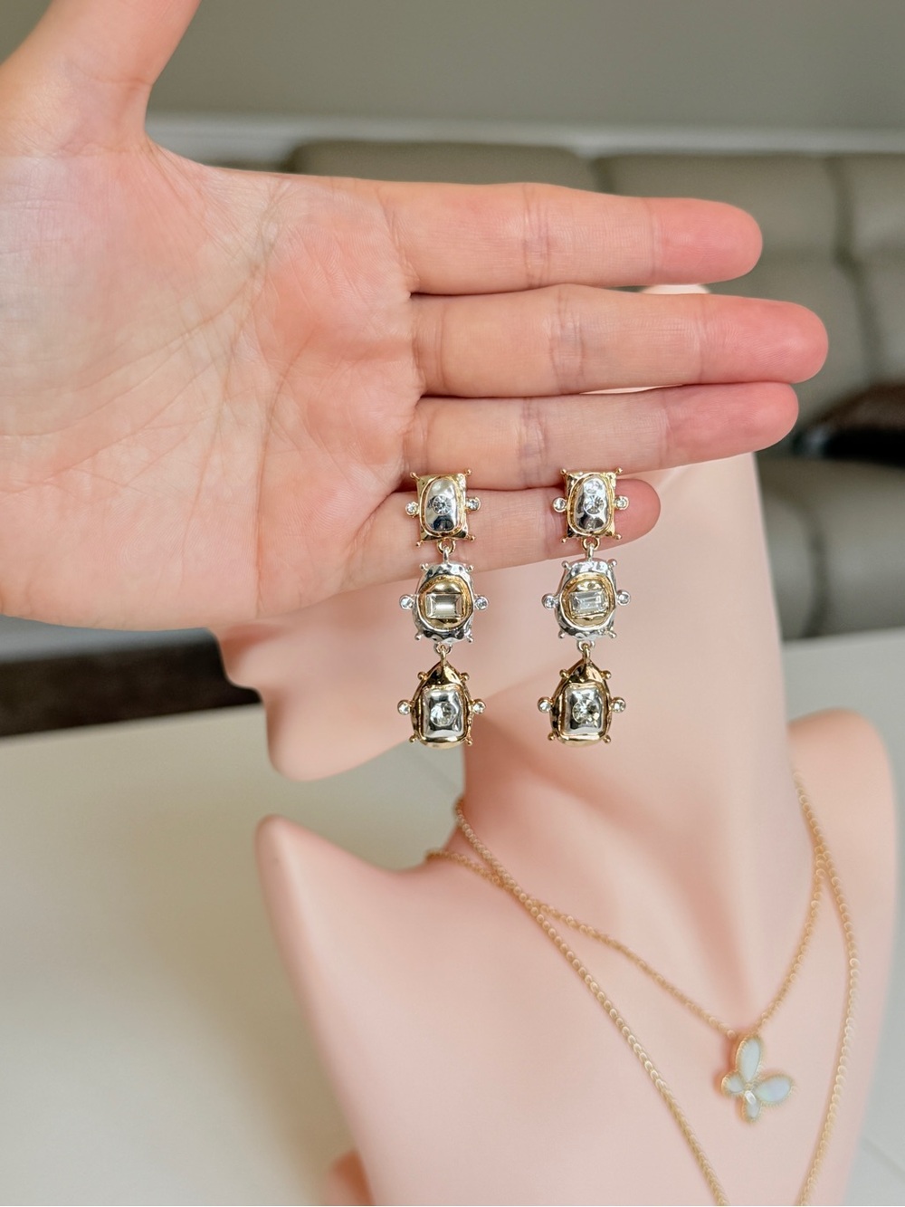Gold-Tone Drop Earrings with Clear Stones